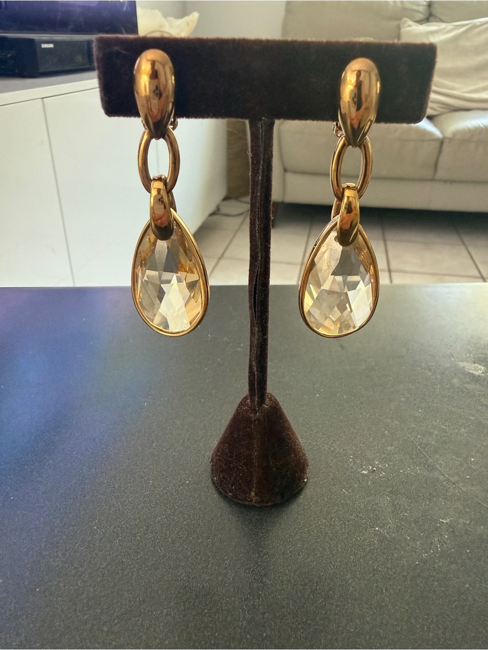 VINTAGE SWAROVSKI CYSTAL Gold-Tone Teardrop Crystal Clip-On Earrings - Designer